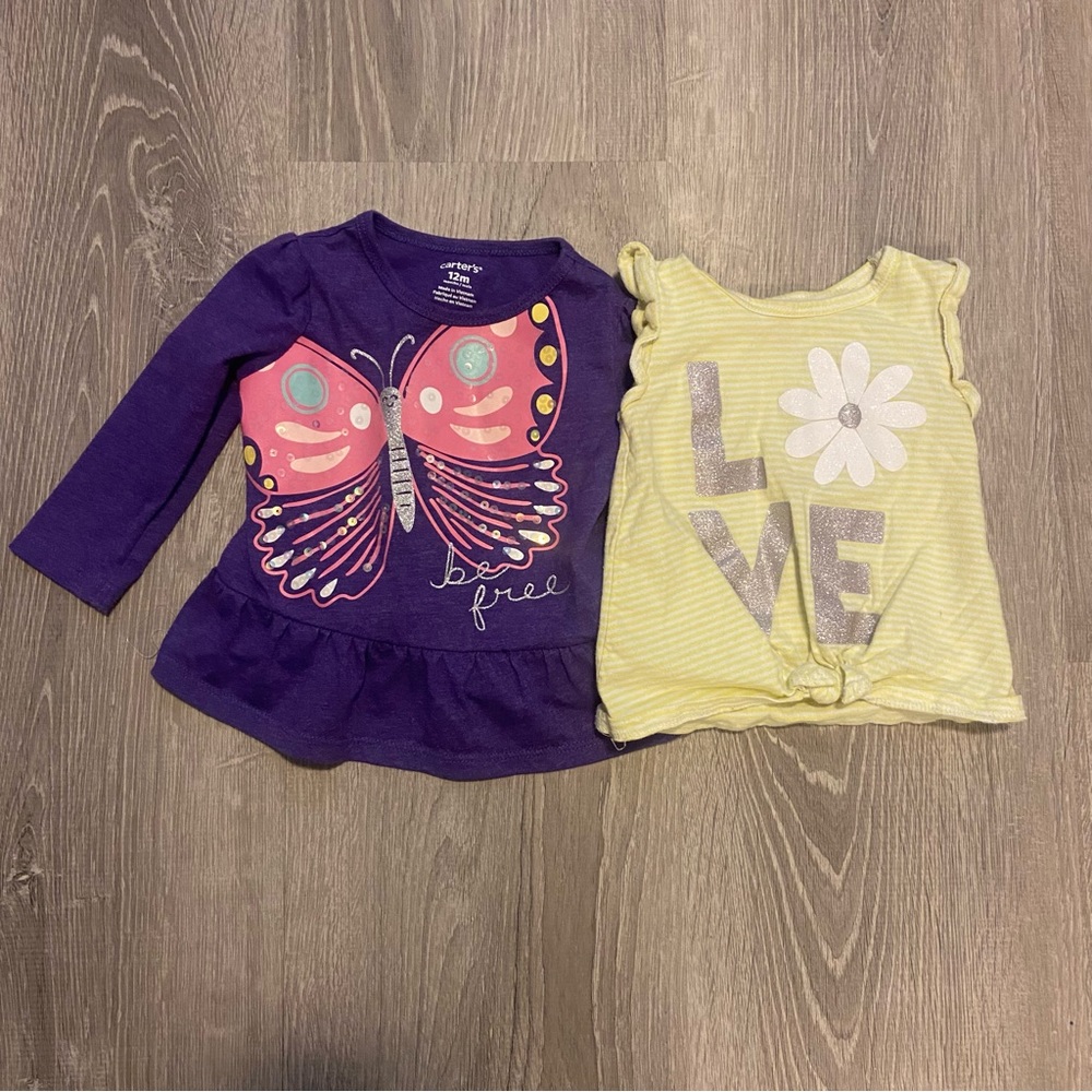 Carter’s baby girl butterfly long sleeve top & yellow LOVE glitter tank 12M EUC